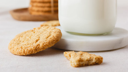 Oatmeal cookies with milk. Healthy food for breakfast or a snack. side view.