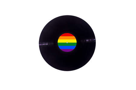 Music vinyl record on white background with label with lgtb flagの写真素材