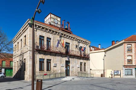 Guadalix de la Sierra, Spain - April 04, 2021: Detail the commemorative plaque on the facade of the town hall in honor of the film director Luis Garcia Berlanga placed in 1997, director of the film.のeditorial素材