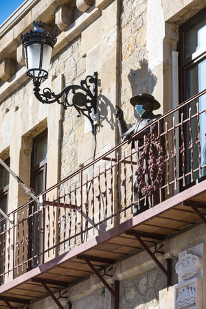 Guadalix de la Sierra, Spain - April 04, 2021: Detail the commemorative plaque on the facade of the town hall in honor of the film director Luis Garcia Berlanga placed in 1997, director of the film.のeditorial素材