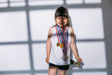 Dark-haired girl with sports championship medals and trophy cup, standing in the shadows of a window with a blind over her. Sport and victory conceptの写真素材