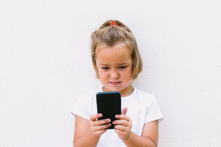 Little blond-haired girl wearing white t-shirt, looking at the mobile phone, with it turned, while taking a photoの写真素材