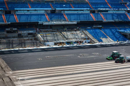 Madrid, Spain - September 03, 2021: Interior of Santiago Bernabeu, Real Madrid football stadium, during renovation works.のeditorial素材