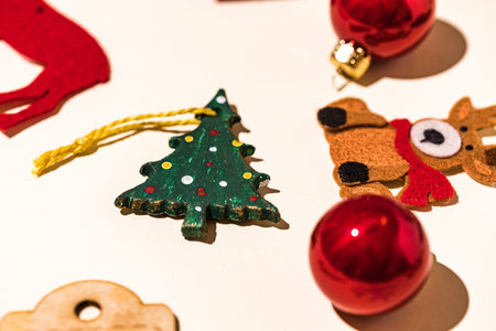 Detail of Christmas decorations with reindeer, gingerbread man, socks and Christmas ball, snowflake...