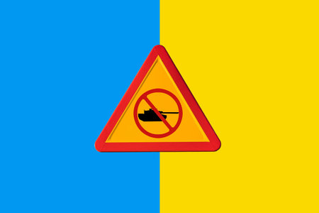 Danger traffic sign with a military tank with the forbidden symbol with the yellow and blue colors of the Ukrainian flag in the background. Concept of War, Ukraine, Russia and war conflict.の写真素材