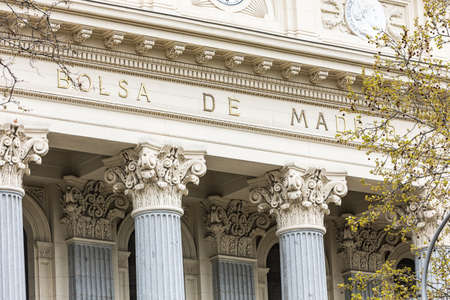 Detail of the faÃ§ade of the Madrid Stock Exchange, Spain. Stock market, trade, investment, broker and tourism concept.の写真素材