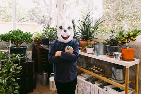 Girl celebrating Easter with a rabbit mask, arms crossed and some chocolate eggs in a glassed-in area surrounded by plants. Easter celebration and costume concept.の写真素材