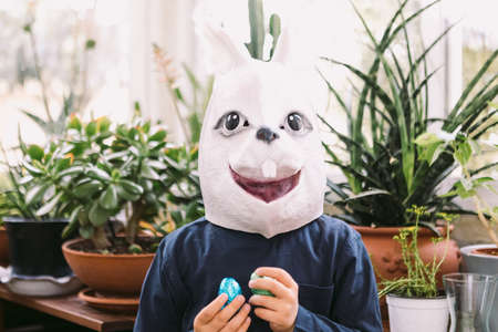 Girl celebrating Easter with a rabbit mask and some chocolate eggs in a glassed-in area surrounded by plants. Easter celebration and costume concept.の写真素材
