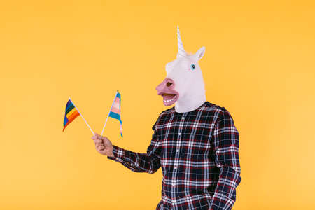 Person dressed in a unicorn mask with a plaid shirt holding a flag of the transsexual and lgtbq community, on a yellow background. Concept of gay pride, transsexuality, gender, binary and lesbianの写真素材