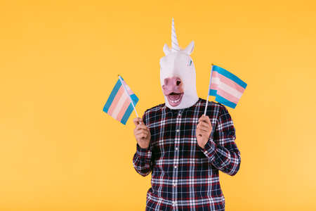 Person dressed in a unicorn mask with a plaid shirt holding two flags of the transsexual collective, on a yellow background. Concept of gay pride, transsexuality, gender, binary and lesbian.の写真素材