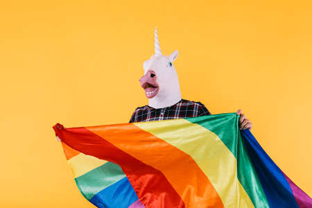 Person dressed in unicorn mask with plaid shirt holding rainbow lgtbq flag, on yellow background. Concept of gay pride, transsexuality, and lgtbq rights.の写真素材
