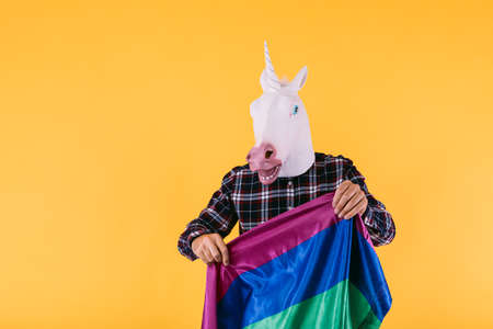 Person dressed in unicorn mask with plaid shirt holding rainbow lgtbq flag, on yellow background. Concept of gay pride, transsexuality, and lgtbq rights.の写真素材