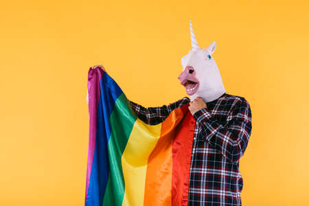 Person dressed in unicorn mask with plaid shirt holding rainbow lgtbq flag, on yellow background. Concept of gay pride, transsexuality, and lgtbq rights.の写真素材