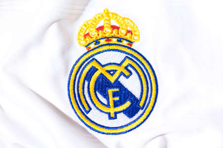 Shield on the white shirt of Real Madrid Football Club. Uefa champions league final concept on May 28, 2022, champion, europe, league, spain.のeditorial素材