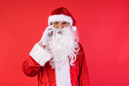 Man dressed as Santa Claus, talking on his mobile phone, on red background. Christmas, celebration, gifts, consumerism and happiness concept.の写真素材