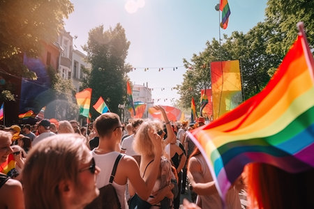 Many people next to a rainbow flag celebrate a gay pride demonstration on the street in daylight. Homosexual, pride, protest, crowd, celebration and diversity concept. Image generated with AIの素材