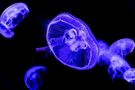 Glowing jellyfish swimming in the water on black background. Stinging, wildlife, sea, ocean, dark, glowing, toxic and underwater concept.の写真素材