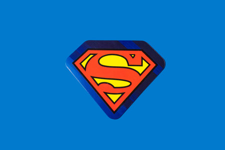 DC comics Superman superhero logo on blue background. Concept of superheroes, comics, logo, brand, business and universeのeditorial素材