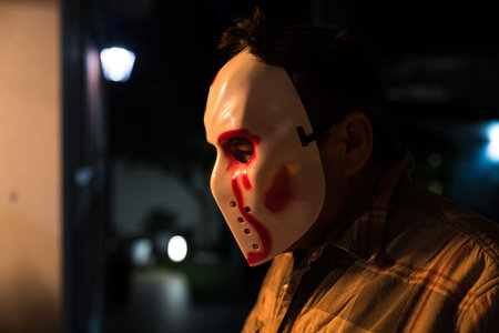 Portrait of a man wearing a hockey mask on Halloween.