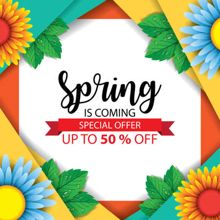 spring Banner and poster 3d paper cut spring flowers background Vector illustrationのイラスト素材