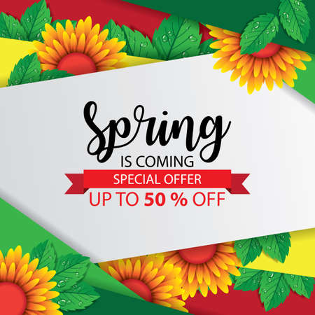 spring Banner and poster 3d paper cut spring flowers background Vector illustrationのイラスト素材