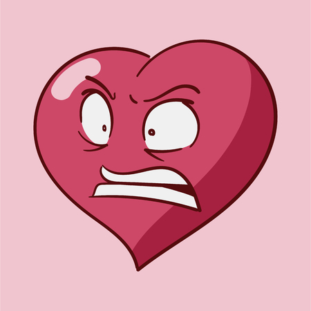 Funny cartoon heart character emotions, St Valentines vector icons set on rose backgroundのイラスト素材