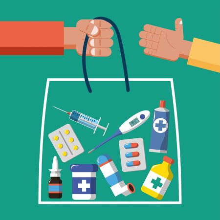 Full package of medicines and vitamins. Purchase and delivery of goods from pharmacy the concept of pharmaceutical business and purchase online. Flat vector illustrationのイラスト素材