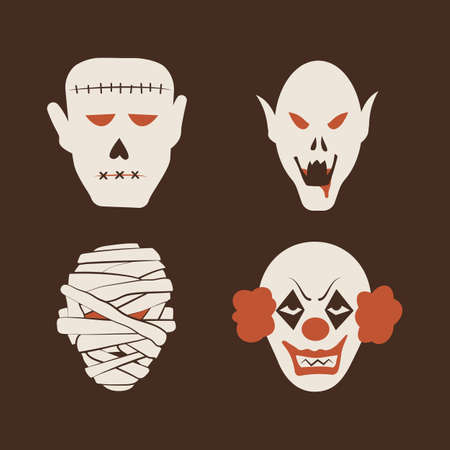 Duotone Cartoon halloween monsters heads set. Smiley and evil Frankensteins zombie, vampire, mummy and scary clown. Isolated on neutral brown background.のイラスト素材