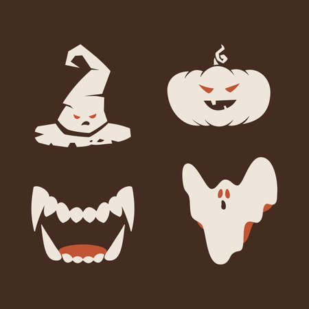 Duotone Cartoon halloween symbols set. Smiley and evil witch hat, pumpkin, grin and ghost. Isolated on neutral brown background.のイラスト素材