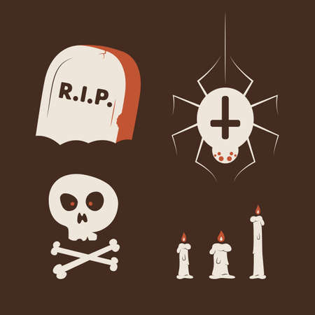 Duotone Cartoon Halloween symbols set. Smiley and evil gravestone, spider crusader, the skull with bones and candles. Isolated on neutral brown background.のイラスト素材
