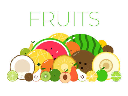 Vector of Group with different sorts of fruits with sliced halfs on white backgroundのイラスト素材