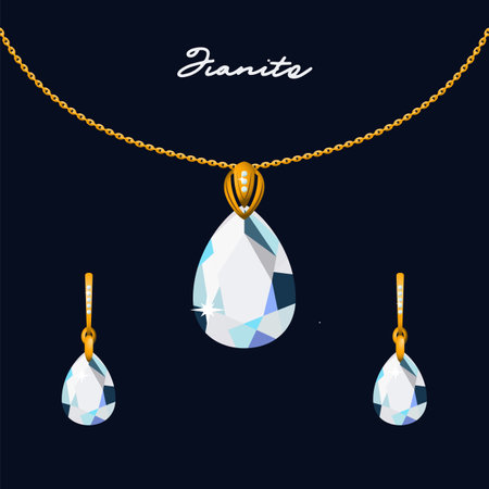 Illustration set of gold jewelry pendant on a chain and earrings with sapphires on white backgroundのイラスト素材