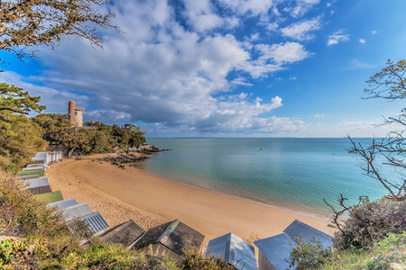 Beautiful beaches of Noirmoutier Island, hot sand and sky blueの写真素材