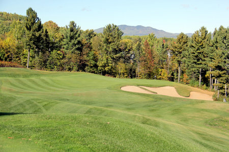 Scenic golf holes in the fall season with panoramic viewの写真素材
