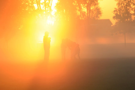 Family playing in the early morning fog at sunriseの写真素材