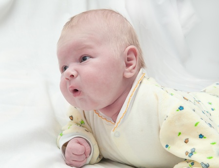 Newborn baby lying in a blanketの写真素材
