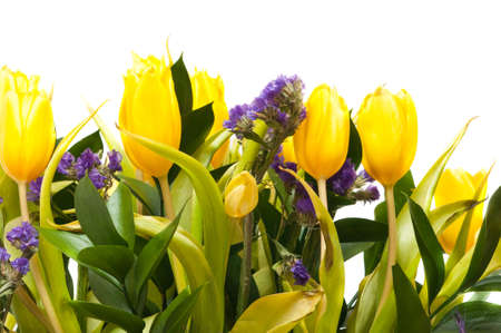 a large bouquet of yellow tulips in springの写真素材