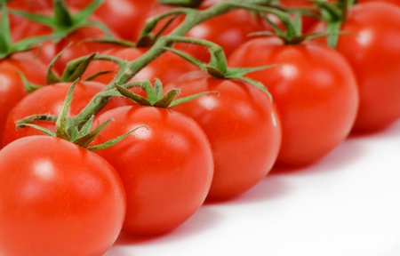 bunch of ripe red tomatoes on a branchの写真素材