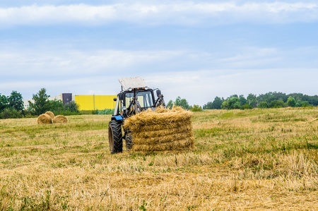 tractor removes the hay in the fieldのeditorial素材