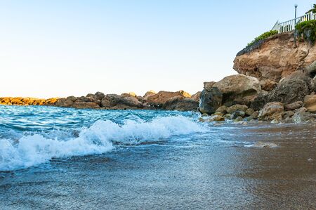 beautiful sea landscape of the island of Cyprus with a rocky shoreの写真素材