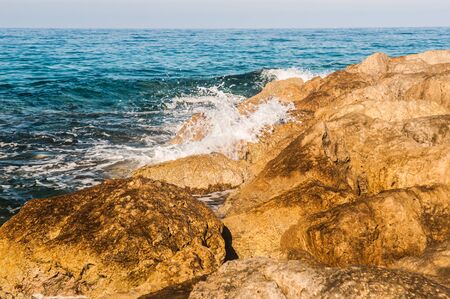 beautiful sea landscape of the island of Cyprus with a rocky shoreの写真素材