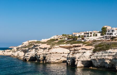 beautiful sea landscape of the island of Cyprus with a rocky shoreの写真素材
