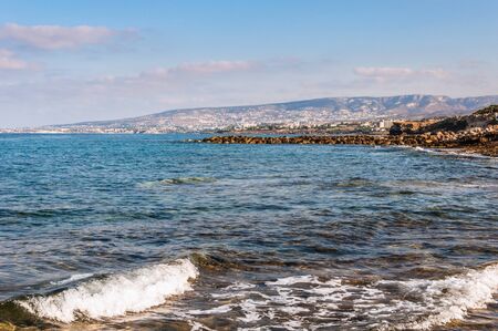 beautiful sea landscape of the island of Cyprus with a rocky shoreの写真素材