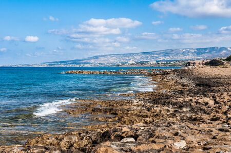 beautiful sea landscape of the island of Cyprus with a rocky shoreの写真素材