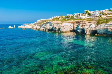 beautiful sea landscape of the island of Cyprus with a rocky shoreの写真素材