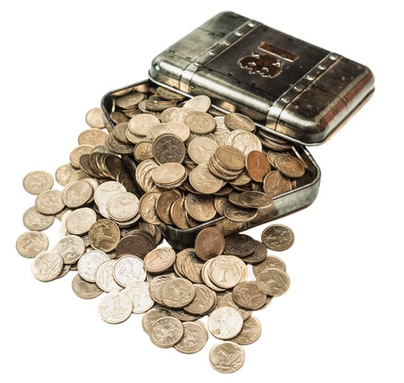 old box with silver coins on white backgroundの写真素材