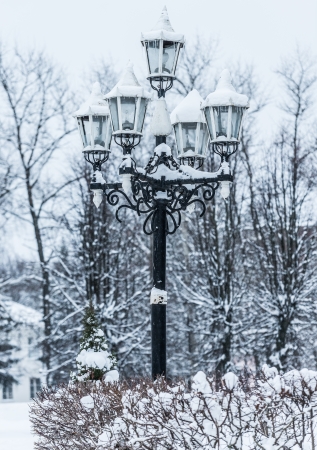 old lamppost in a snowy park in winterの写真素材
