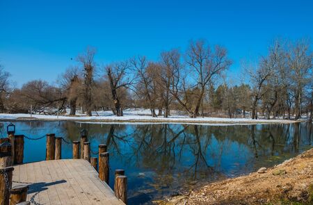 wooden bridge on pillars with chain pond in early springの写真素材