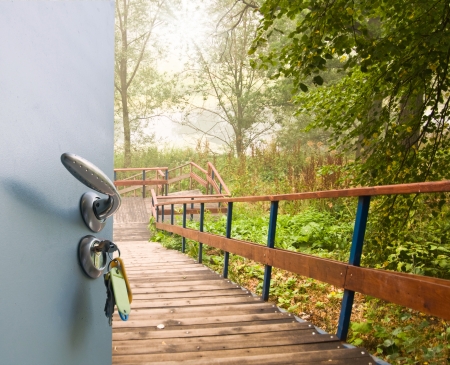 Open the door handle and keys with views of the ladderの写真素材