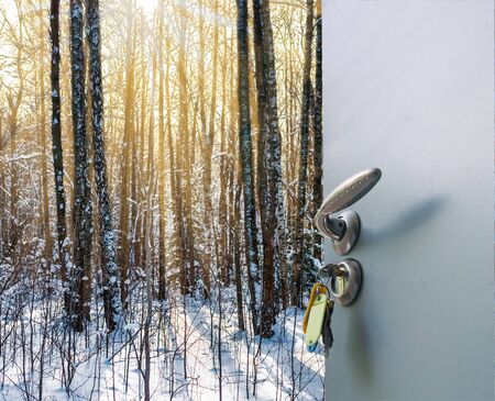 Open the door handle and keys conservatory overlooking the forest and the sunの写真素材